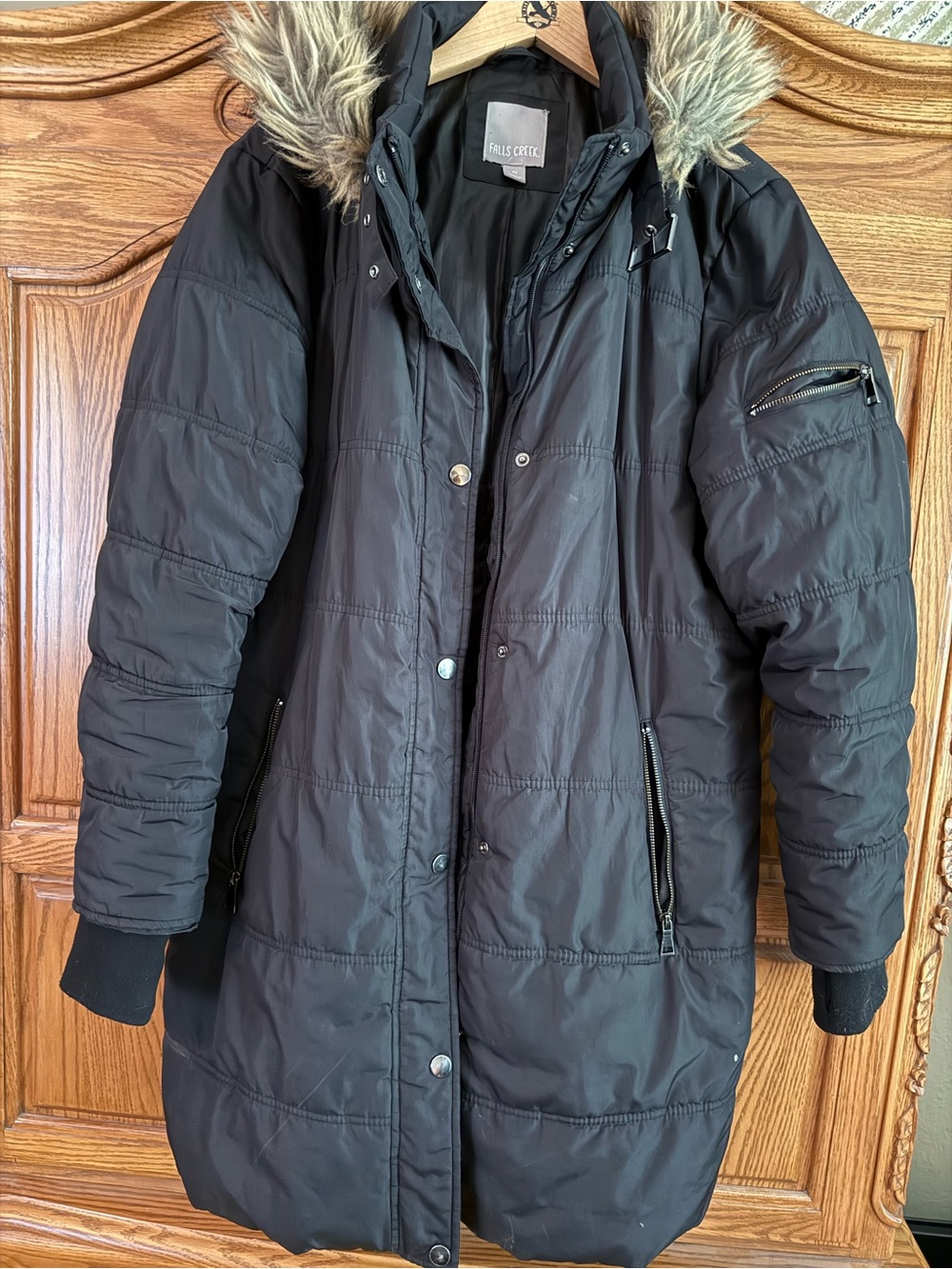Falls Creek Women's Black Hooded Faux-Fur Trim Puffer Jacket